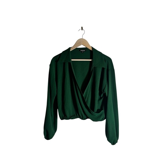 Express Tops - Express Women's Collared V-Neck Long Sleeve Faux Wrap Top Green Size Medium NWT